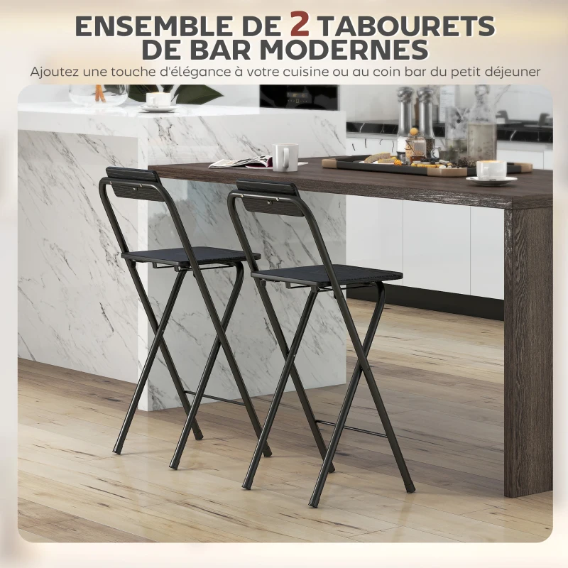 HOMCOM Lot de 2 tabourets de bar pliables avec dossier et repose-pieds, cadre en acier, 87 cm de haut, noir