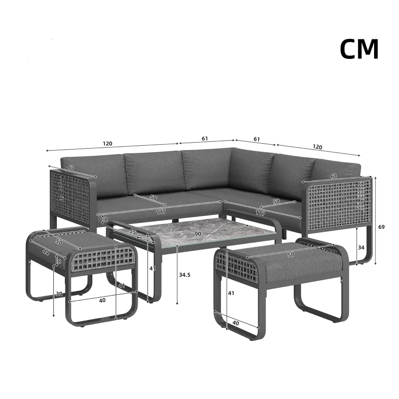 Set de lounge pentru grădină pentru 6-7 persoane, mobilier din ratan cu cadru din fier galvanizat și picioare reglabile, inclusiv perne de șezut și spătar, Gri