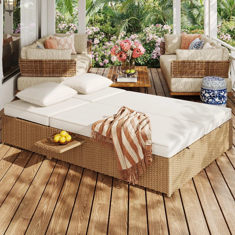 Lit double de jardin extérieur, chaise longue en rotin avec dossier réglable et coussins amovibles, 199x120x37 cm, Blanc