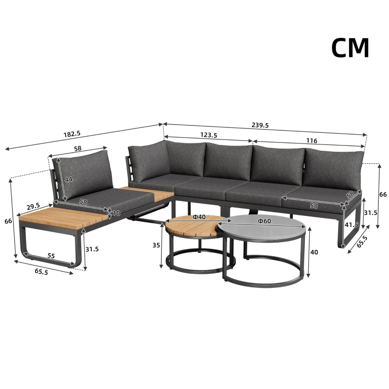 Ensemble de meubles de jardin pour 4-5 places assises, 2 tables basses intégrées, coussins de siège confortables et oreillers, Gris