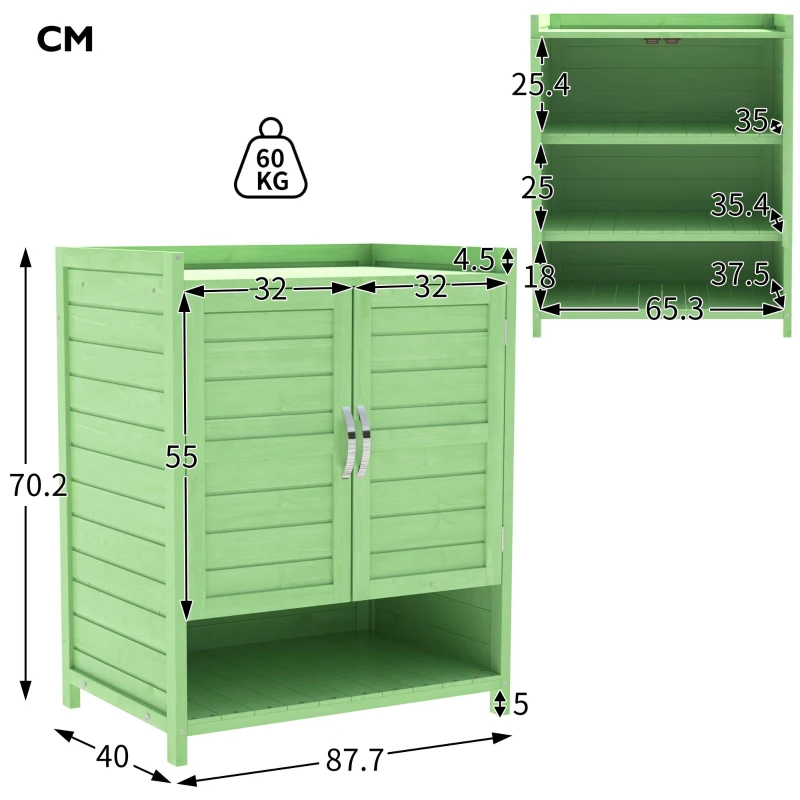 Holz-Gartenschrank Größe groß mit offenem und geschlossenem Regal, Grün