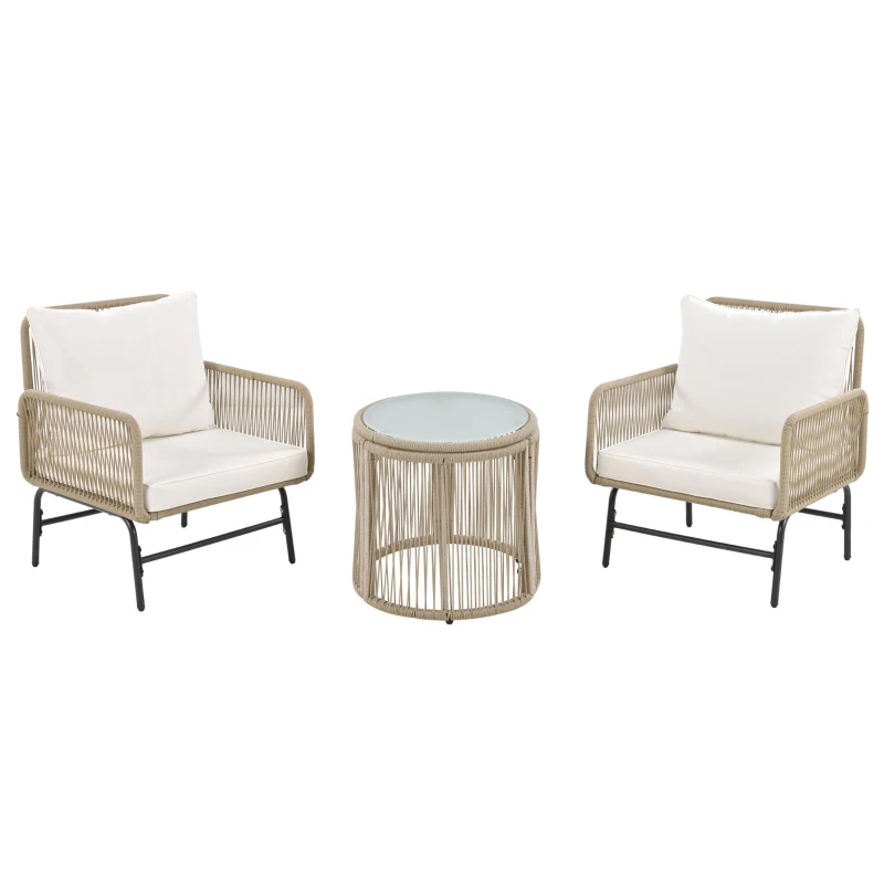 Ensemble de salon de jardin 6 pièces, corde tissée à la main avec cadre en fer, 2 fauteuils, 2 canapés 2 places et 2 tables, Beige