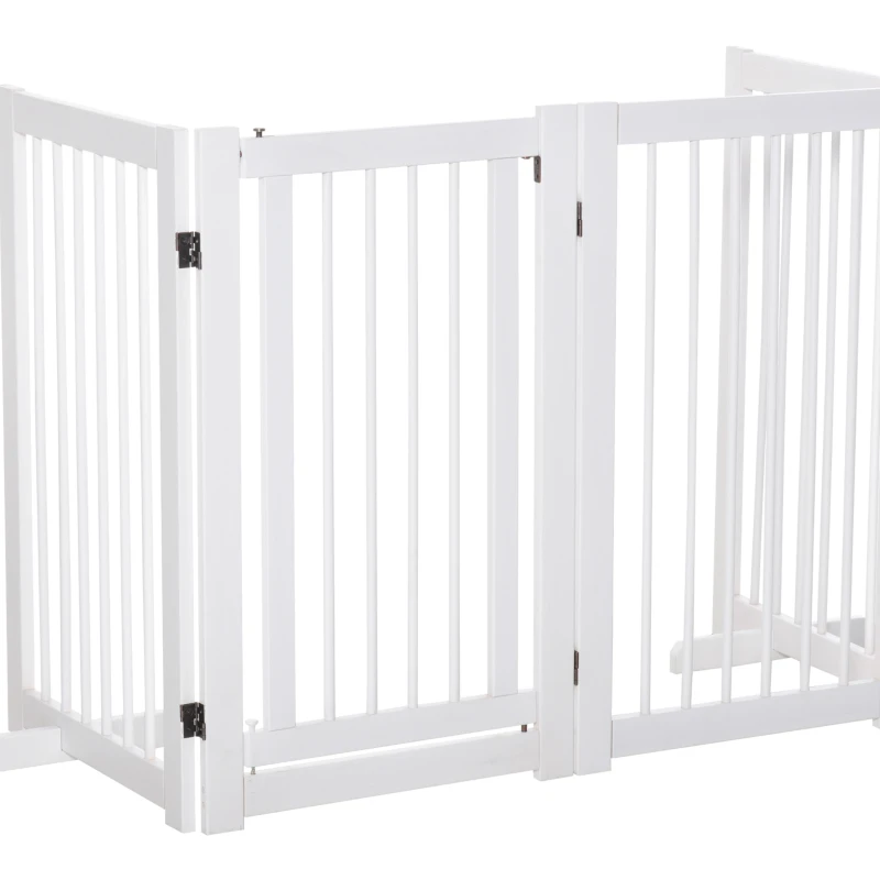 PawHut Bramka Zabezpieczająca dla Psów 4-elementowa, 220 x 91 cm Składana Bramka z Drzwiami, Wolnostojąca, z 2 Podpórkami, Ażurowa, Drewniana, na Korytarz, Kuchnię, Schody, Biała