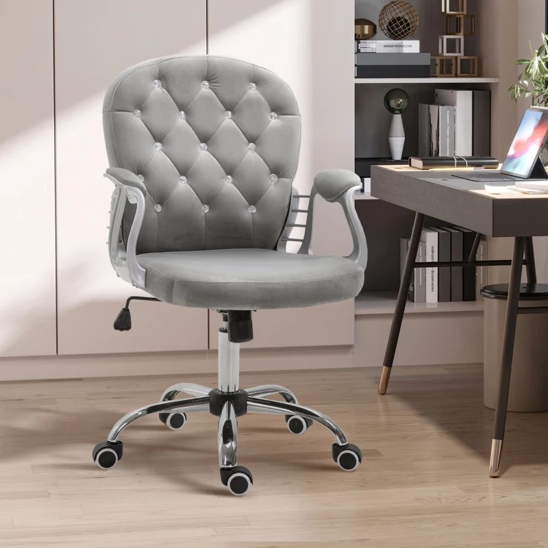 Vinsetto Office Chair, Swivel Desk Chair, Velvet Vanity Chair with Adjustable Height and Rolling Wheels for Home Work Study, Grey