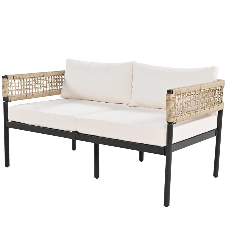 Ensemble de mobilier de jardin 4 pièces avec corde, canapé deux places, 2 fauteuils individuels et table basse, Beige