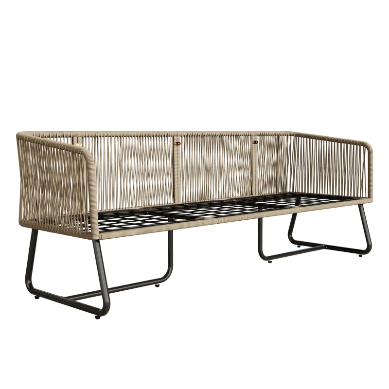 5-teiliges Garten-Lounge-Set mit Seil, verstellbare Füße, glatte Glas-Tischplatte, inklusive Sitz- und Rückenkissen, Beige