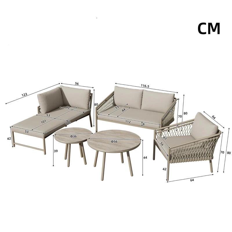 Ensemble de salon de jardin, ensemble de canapé d'extérieur moderne avec corde tissée à la main, incluant coussins de siège et de dossier, Kaki