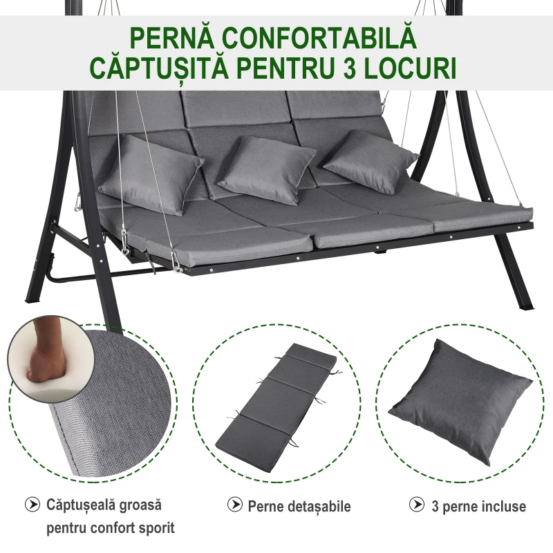 Outsunny Balansoar cu 3 Scaune din Material Textil cu Perne si Acoperis Reglabil, Gri, 200x115x168 cm(m-7)