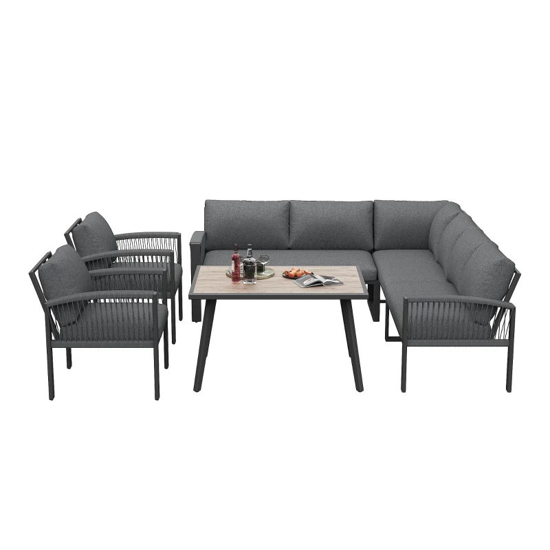 Juego de Muebles de Jardín para 8 Personas Conjunto de Muebles con Cuerda Incluye Cojines de Asiento y Respaldo Gris
