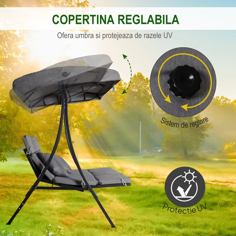 Outsunny Balansoar cu 3 Scaune din Material Textil cu Perne si Acoperis Reglabil, Gri, 200x115x168 cm(m-4)