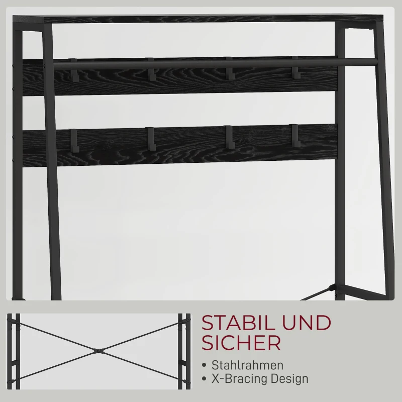 HOMCOM Kapstok met Schoenenrek in Industriële Stijl, Kledingrek met 2 Stoffen Lades, 8 Haken, Metalen Frame, Zwart(m-5)