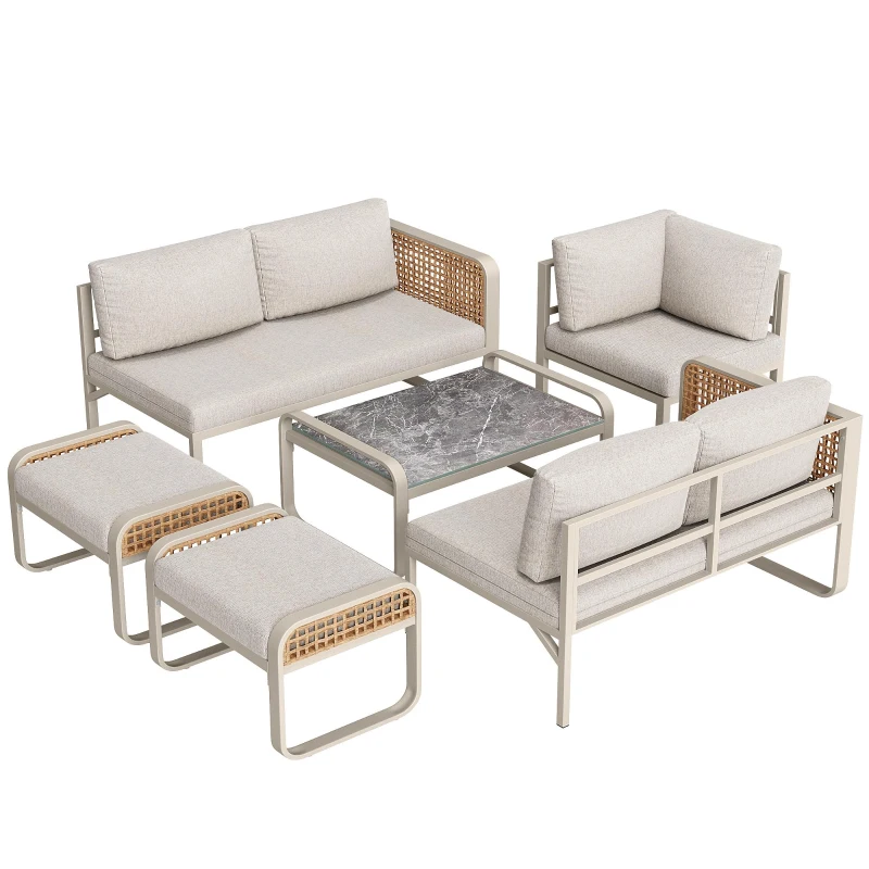 Set da giardino per 6-7 persone con struttura in ferro zincato e rattan, cuscini per seduta e schienale inclusi, 181x181x69 cm, Beige