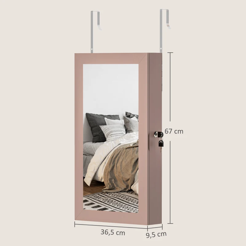 HOMCOM Espejo Joyero de Pared con Cerradura y Varios Compartimentos Montar en Pared o Puerta Rosa y Forro Beige