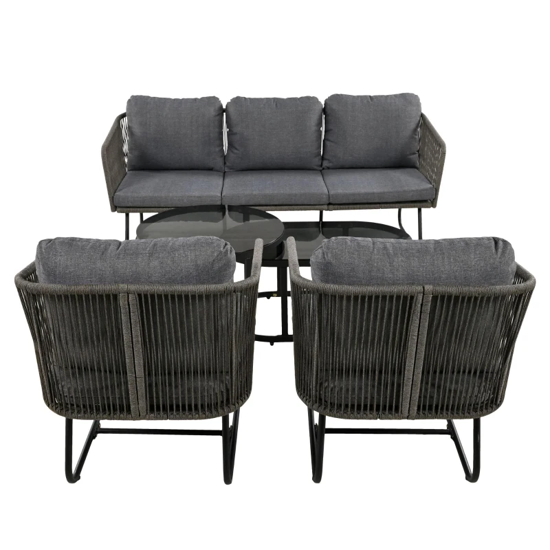 Ensemble de salon de jardin 5 pièces avec corde, pieds réglables, plateau de table en verre lisse, coussins de siège et de dossier inclus, Gris