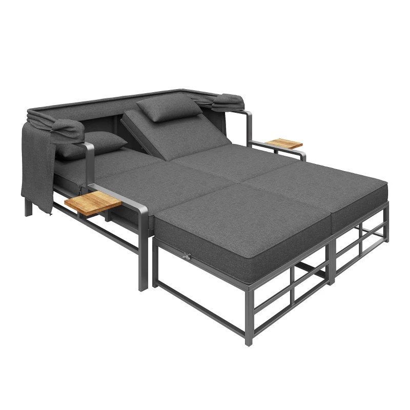 Set da giardino per 2-4 persone, set di lettini prendisole con tetto pieghevole, 130x178x127 cm, Grigio scuro