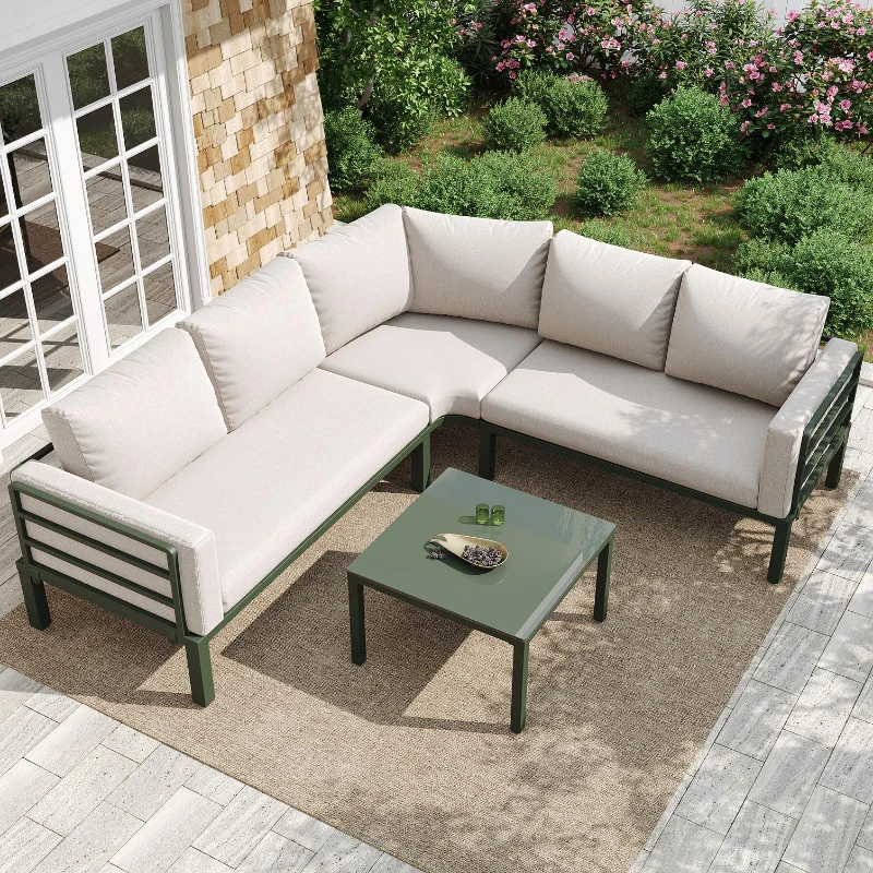 Juego de Muebles de Jardín para 4-5 Asientos 1 Mesa de Centro de Vidrio Templado Cómodos Cojines y Almohadas Beige