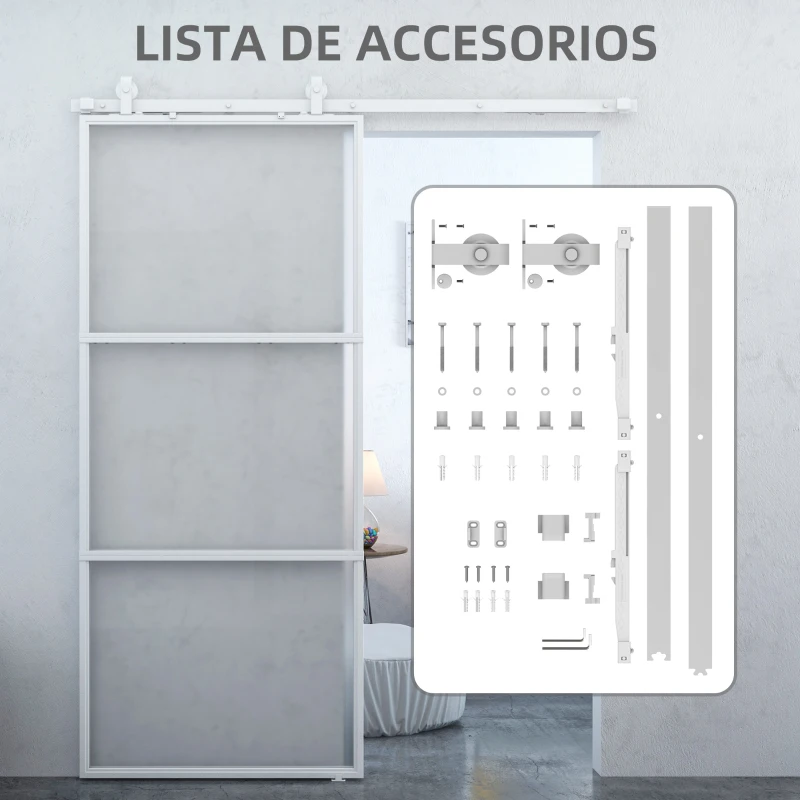 HOMCOM Puerta Corredera de Cristal con Herrajes Mecanismo Cierre Suave para Baño Salón 91,4x203,2 cm Blanco