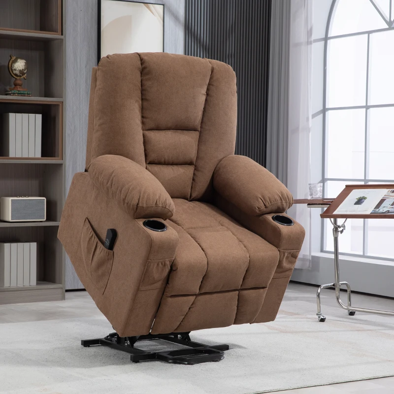 HOMCOM Oversized Riser and Recliner Chairs for the Elderly, Fabric Upholstered Lift Chair for Living Room with Remote Control, Side Pockets, Cup Holder, Brown