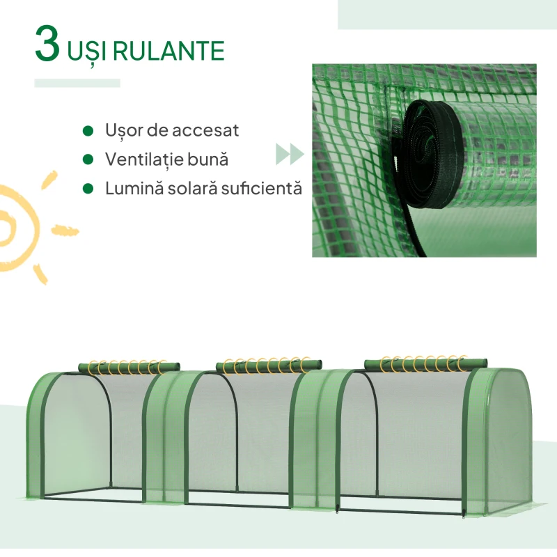 Outsunny Sera de Gradina tip Tunel din Otel si Plastic PP cu Usi care se Ruleaza 295x100x80 cm, Verde