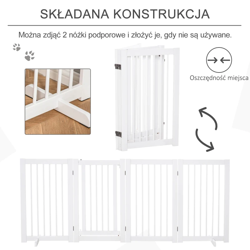 PawHut Bramka Zabezpieczająca dla Psów 4-elementowa, 220 x 91 cm Składana Bramka z Drzwiami, Wolnostojąca, z 2 Podpórkami, Ażurowa, Drewniana, na Korytarz, Kuchnię, Schody, Biała