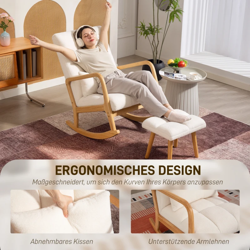 HOMCOM Schommelstoel met Voetensteun, Fleece-Bekleding, Hoge Rugleuning, Houten Poten, Voetpads, Wit(m-6)