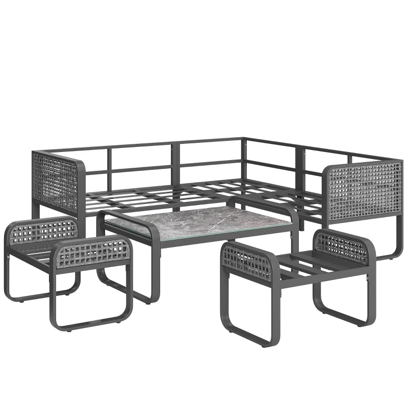 Set de lounge pentru grădină pentru 6-7 persoane, mobilier din ratan cu cadru din fier galvanizat și picioare reglabile, inclusiv perne de șezut și spătar, Gri