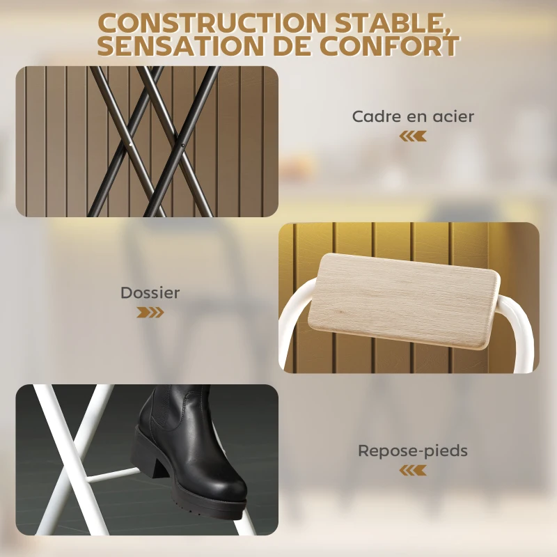 HOMCOM Lot de 2 tabourets de bar pliables avec dossier et repose-pieds, cadre en acier, 87 cm de haut, effet bois naturel