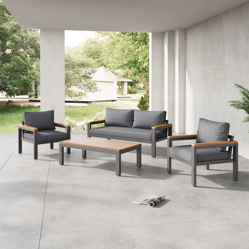 Ensemble de mobilier de jardin 4 pièces avec cadre en acier galvanisé, canapé 2 places, 2 fauteuils individuels, 1 table, Gris