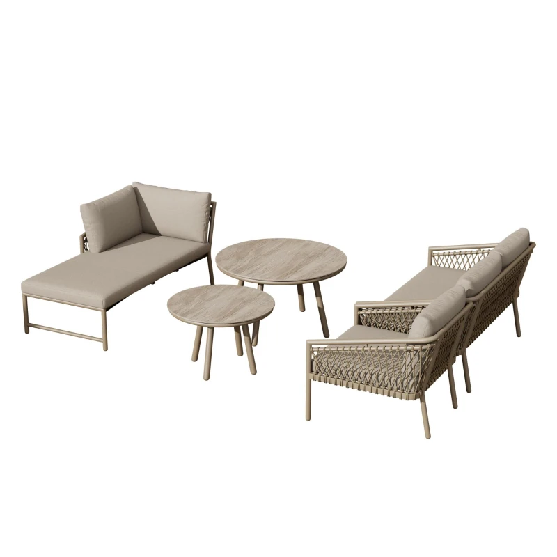 Ensemble de salon de jardin, ensemble de canapé d'extérieur moderne avec corde tissée à la main, incluant coussins de siège et de dossier, Kaki