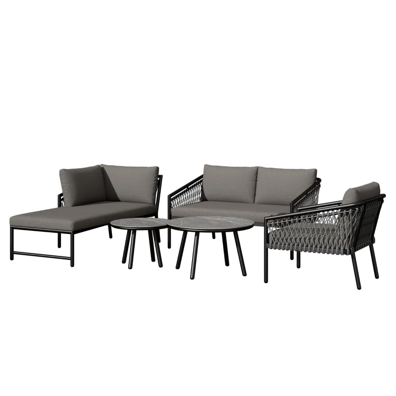 Ensemble de salon de jardin, ensemble de canapé d'extérieur moderne avec corde tissée à la main, incluant coussins de siège et de dossier, Gris