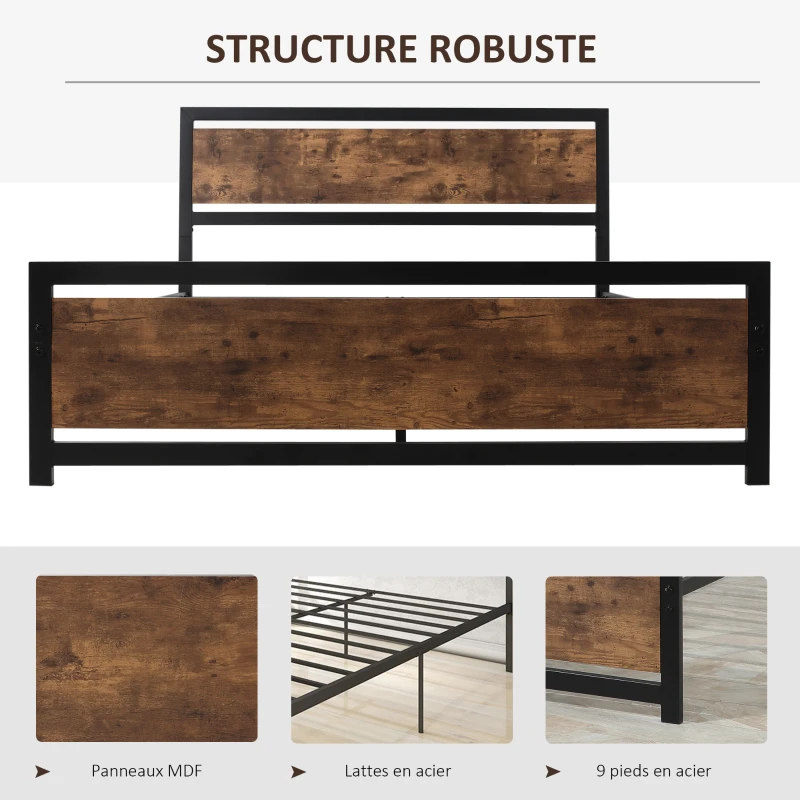HOMCOM Cadre de lit double en acier avec sommier et tête de lit compatible matelas 200 x 160 cm aspect bois foncé