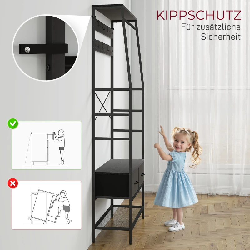 HOMCOM Kapstok met Schoenenrek in Industriële Stijl, Kledingrek met 2 Stoffen Lades, 8 Haken, Metalen Frame, Zwart(m-6)