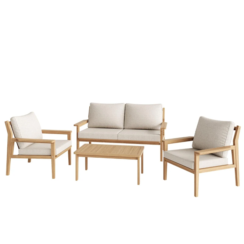 Ensemble de canapé d'extérieur en bois, ensemble de meubles de jardin pour 4-5 personnes avec 2 canapés individuels, 1 canapé double, 1 table, Couleur naturelle