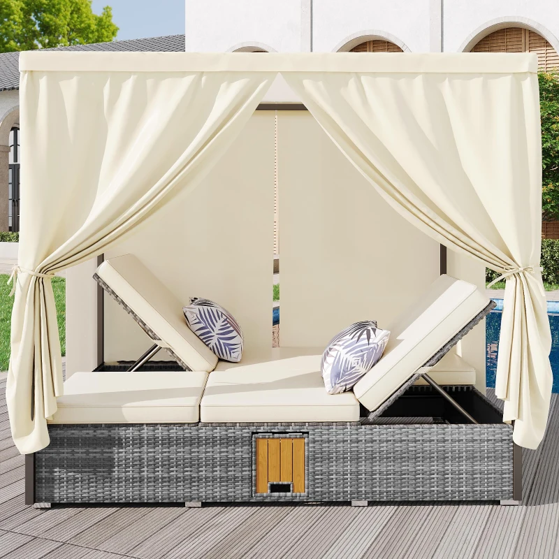 Cama Doble de Jardín con Cortina de Sombra Tumbona de Ratán con Respaldo Ajustable y Mesa Auxiliar Desmontable 187x 128x 186 Cm Beige