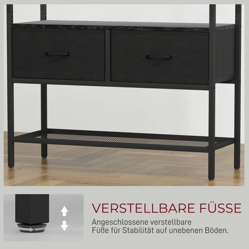 HOMCOM Kapstok met Schoenenrek in Industriële Stijl, Kledingrek met 2 Stoffen Lades, 8 Haken, Metalen Frame, Zwart(m-7)