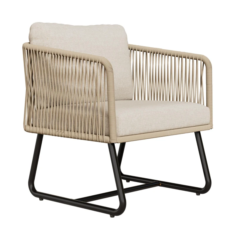 5-teiliges Garten-Lounge-Set mit Seil, verstellbare Füße, glatte Glas-Tischplatte, inklusive Sitz- und Rückenkissen, Beige