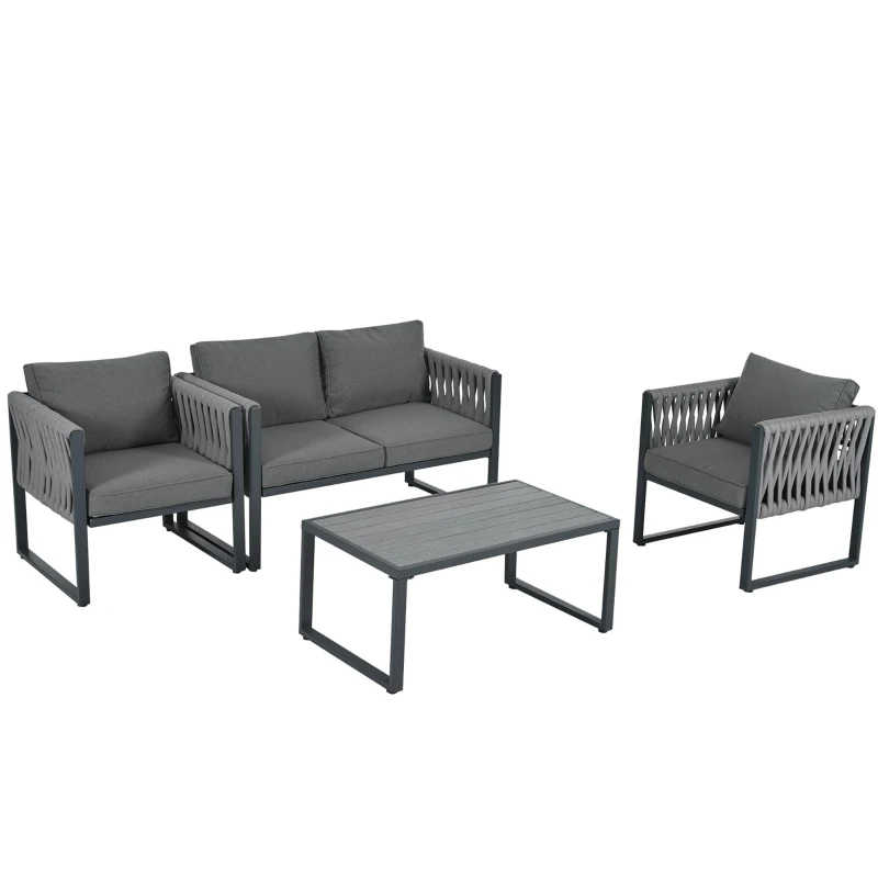 Garten-Loungestuhl-Set, mit Zweiersofa, 2 Einzelsofas und 1 Couchtisch, handgewebtem Seil, Grau