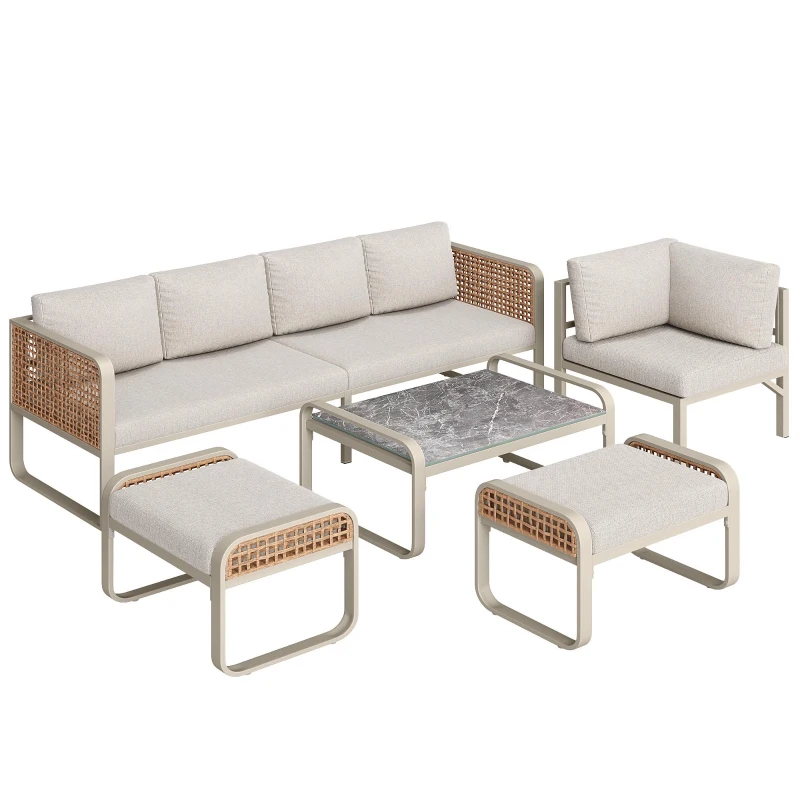Set da giardino per 6-7 persone con struttura in ferro zincato e rattan, cuscini per seduta e schienale inclusi, 181x181x69 cm, Beige