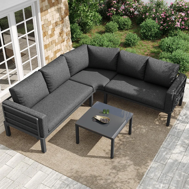 Juego de Muebles de Jardín para 4-5 Asientos 1 Mesa de Centro de Vidrio Templado Cómodos Cojines de Asiento y Almohadas Gris