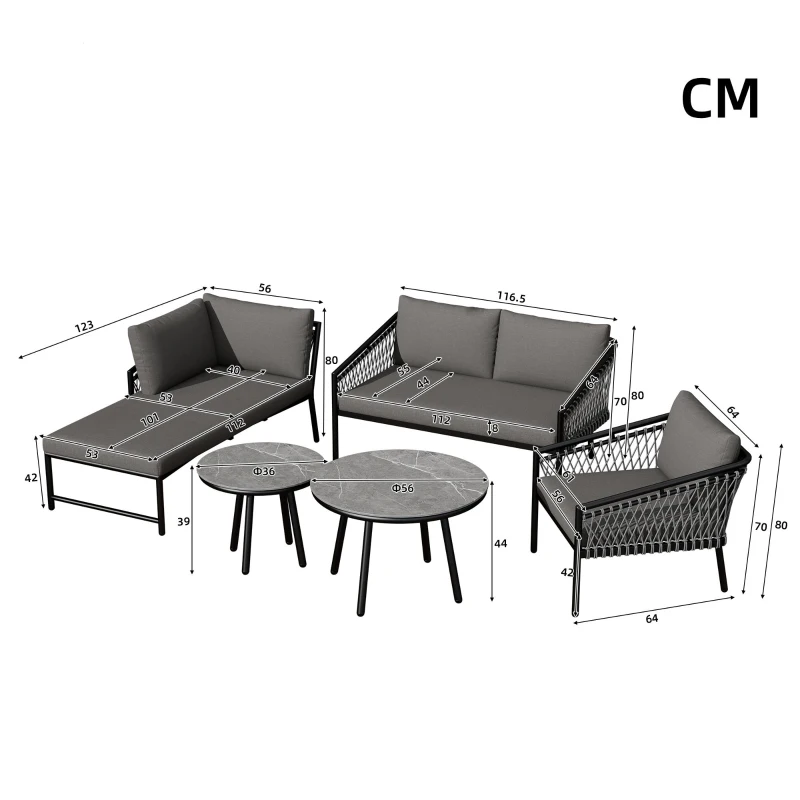 Ensemble de salon de jardin, ensemble de canapé d'extérieur moderne avec corde tissée à la main, incluant coussins de siège et de dossier, Gris