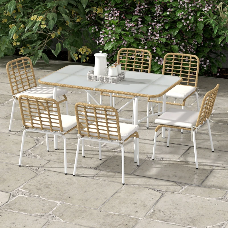 Outsunny Conjunto de Refeição de Vime Sintético Jogo de 7 Peças Inclui 6 Cadeiras Empilháveis com Almofadas e Mesa de Vidro Natural
