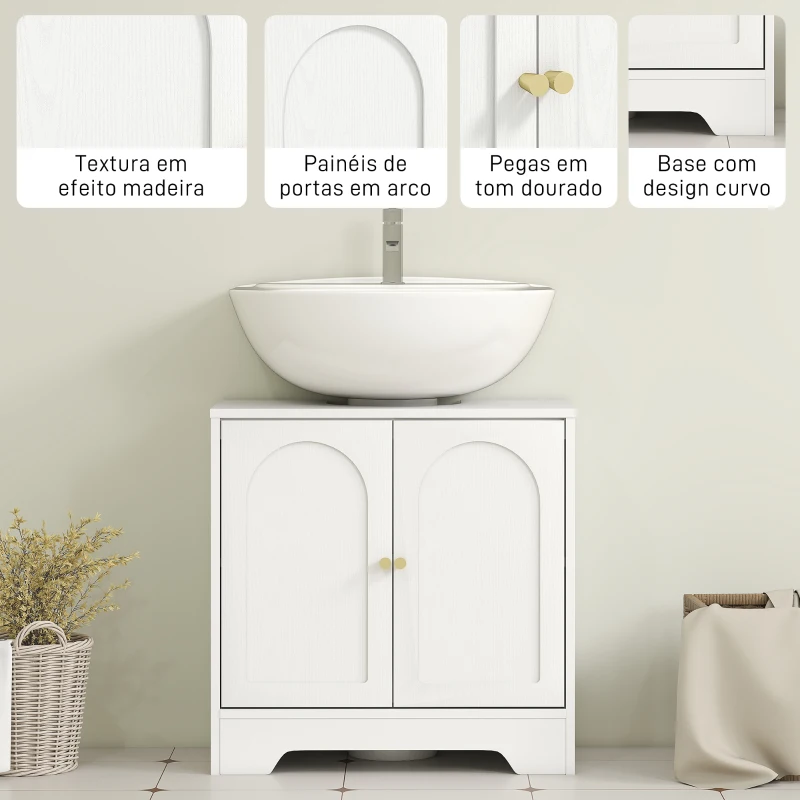 HOMCOM Móvel para Lavatório Pousar com 2 Portas em Arco Puxadores Dourados para Lavatório com ou sem Pedestal 60x30x65 cm Branco