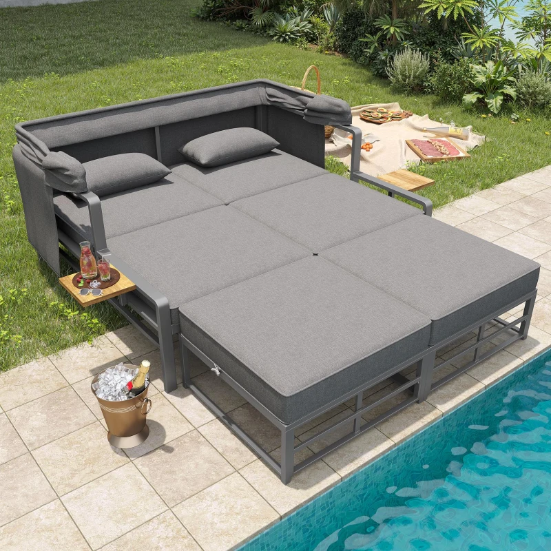 Set da giardino per 2-4 persone, set di lettini prendisole con tetto pieghevole, 130x178x127 cm, Grigio scuro