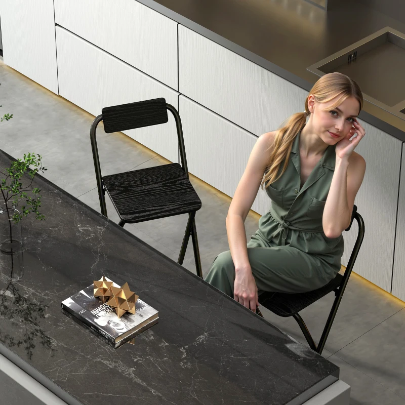 HOMCOM Set 2 Sgabelli da Bar Pieghevoli con Poggiapiedi, in Legno e Acciaio, 37x45x87 cm, Nero