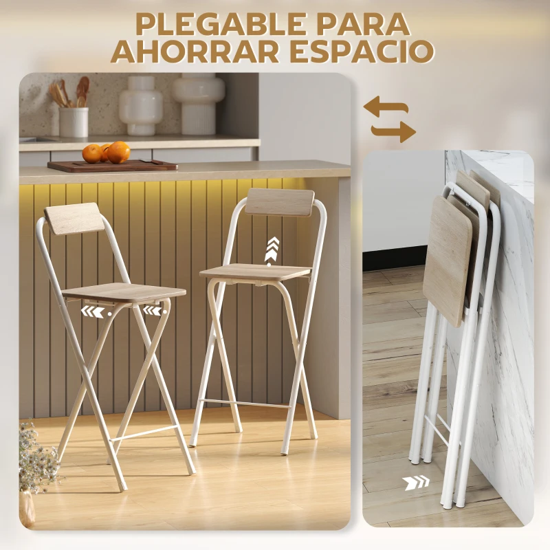 HOMCOM Juego de 2 Taburetes de Bar Plegables con Respaldo Reposapiés y Marco de Acero para Comedor Mostrador Natural