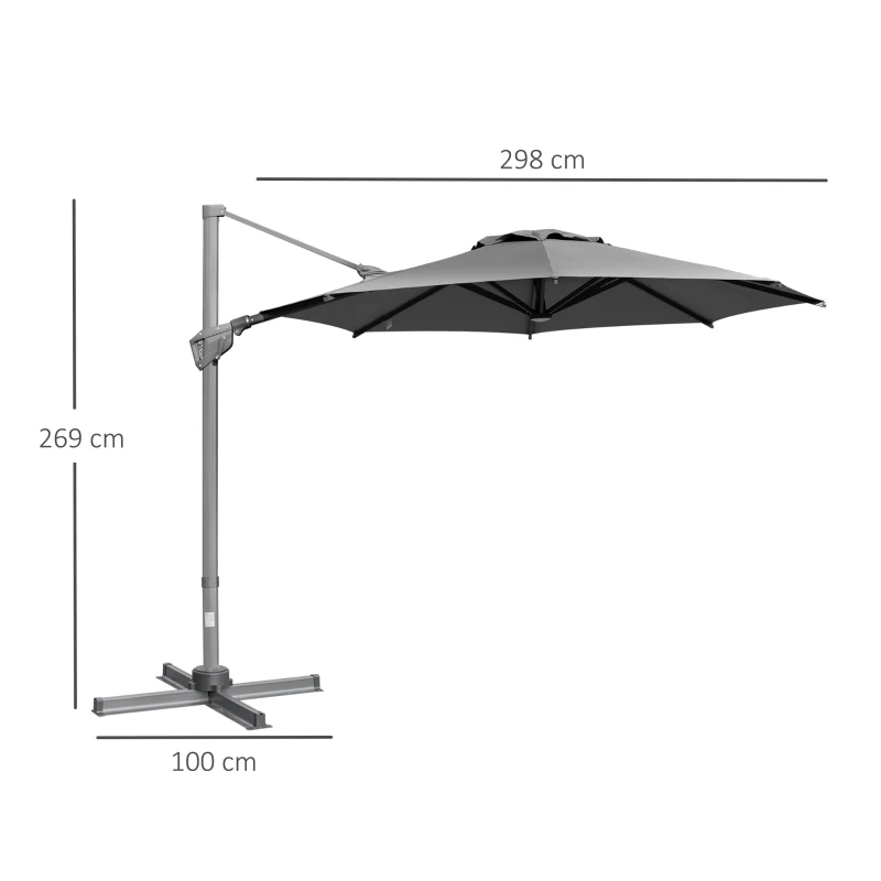 Outsunny Sonnenschirm Ø298 cm Kurbelschirm Ampelschirm mit Kurbelvorrichtung Sonnenschutz Alu Roma Schirm Neigungswinkel verstellbar Dunkelgrau