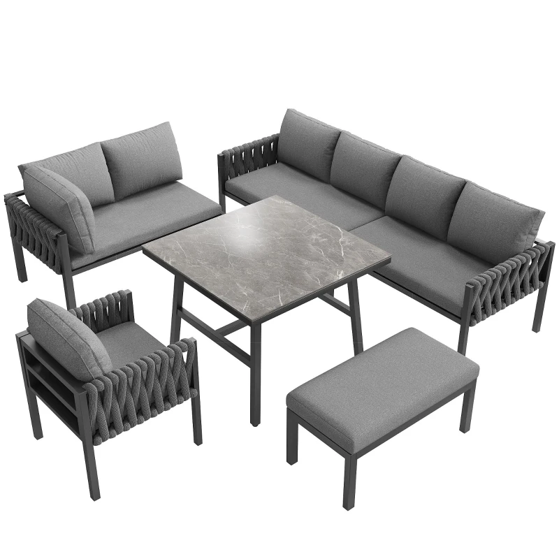 Juego de Muebles de Jardín con Sofá Esquinero y Tablero de Mesa de Vidrio Templado Incluye Cojines de Asiento y Respaldo Gris