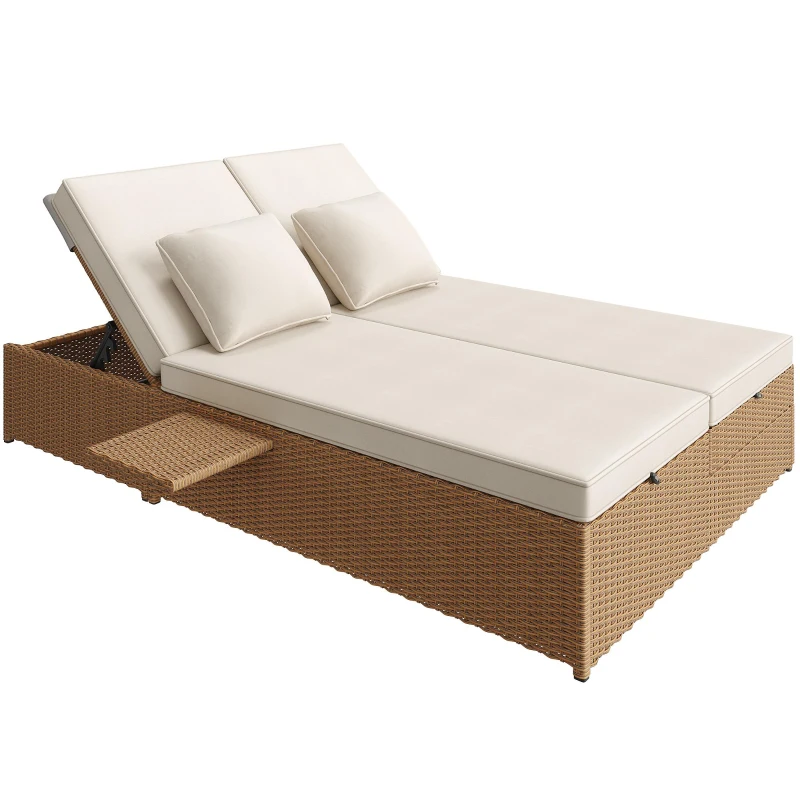 Lit double de jardin extérieur, chaise longue en rotin avec dossier réglable et coussins amovibles, 199x120x37 cm, Blanc