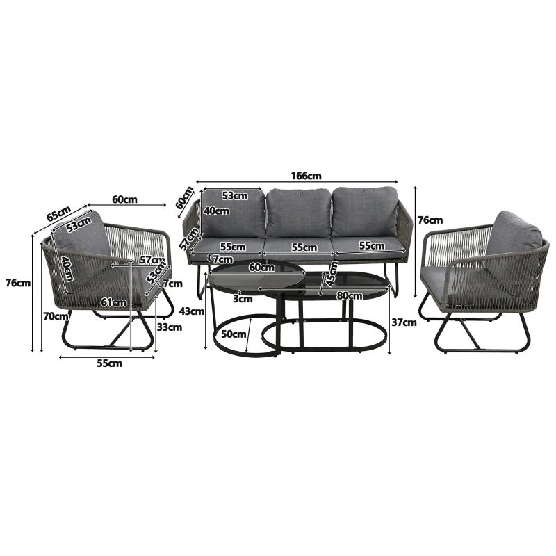 Ensemble de salon de jardin 5 pièces avec corde, pieds réglables, plateau de table en verre lisse, coussins de siège et de dossier inclus, Gris