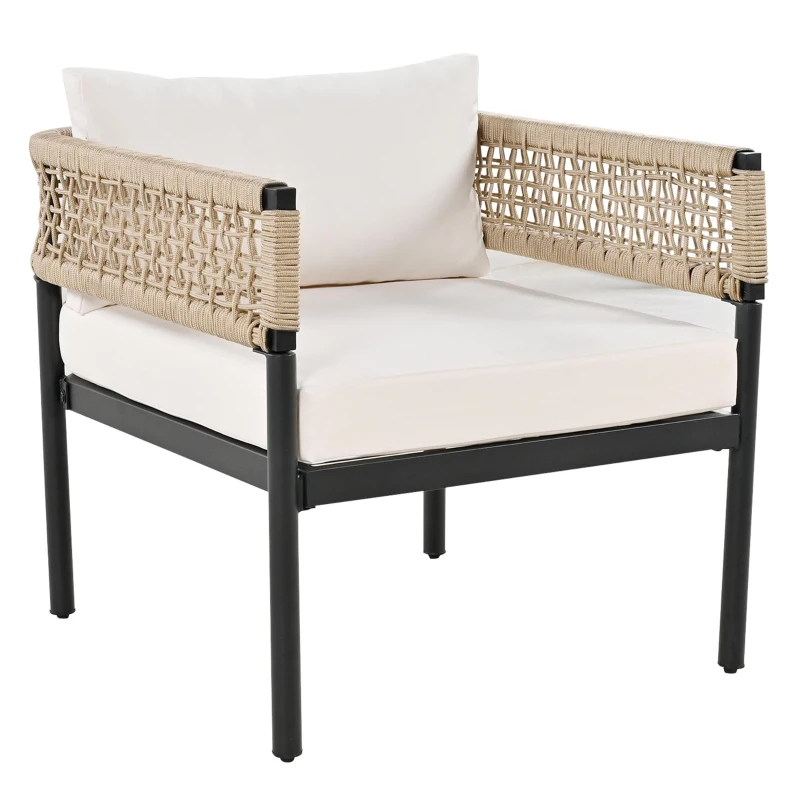 Ensemble de mobilier de jardin 4 pièces avec corde, canapé deux places, 2 fauteuils individuels et table basse, Beige